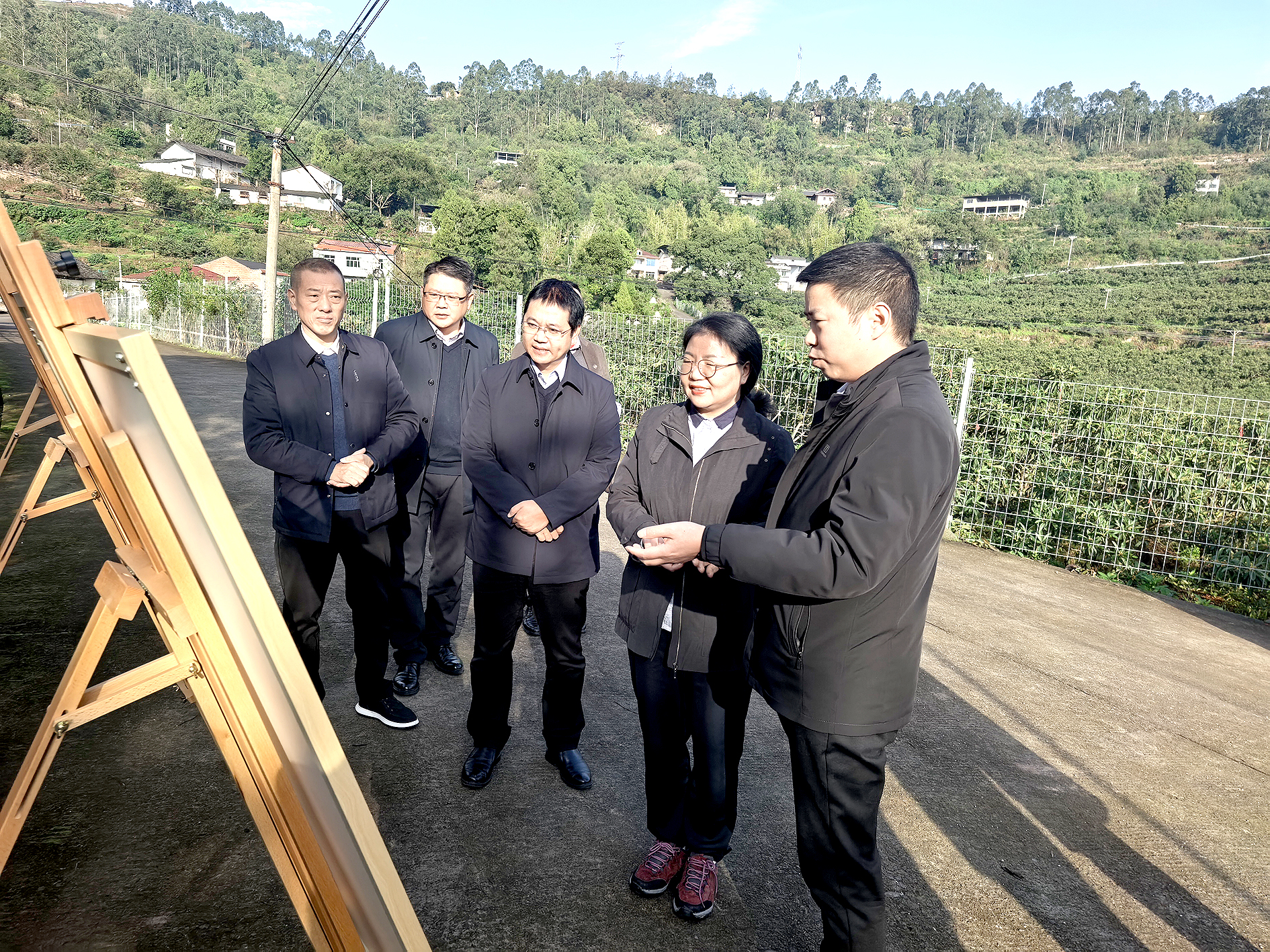 市人大代表、县水利局局长陈明武陪同市水利局领导调研三合街道童仙寨村枇杷产业基地项目。